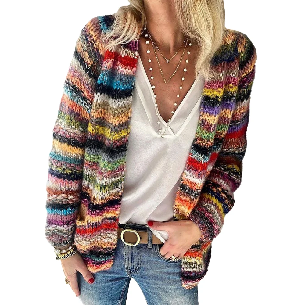 

Fashion Women Spring Autumn Casual Long Sleeve Cardigan Classic Outwear Thin Female Ladies Colorblock Sweater Knitted Loose Coat