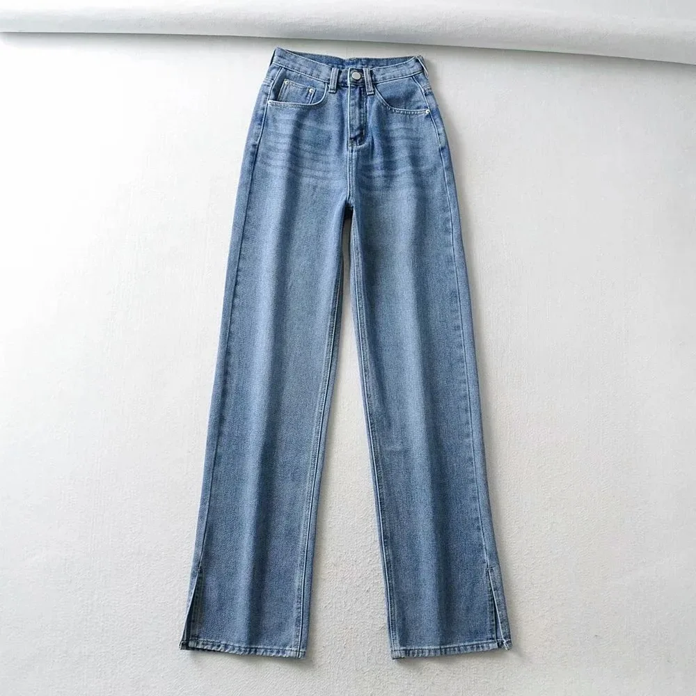 

European and American High Waist Slimming and Straight Jeans Women's 2021 Spring American Style Retro Slit Mop Trousers