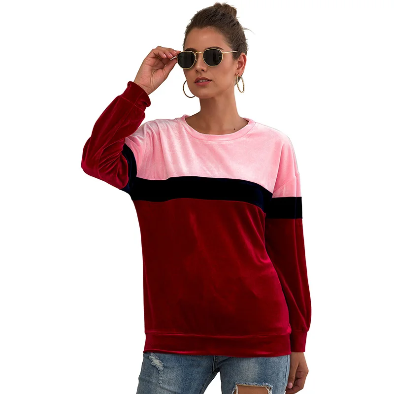 

ZXQJ 2019 Women's Sweatshirt Winter Stitching Velvet sweatshirt Long Sleeve Pullover Sweatshirt Women's Top