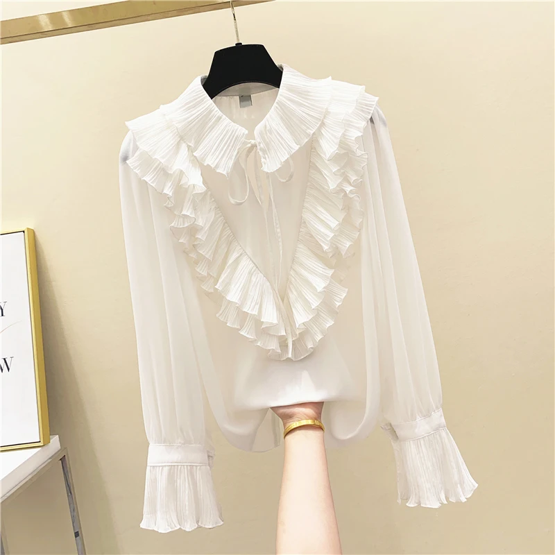 

2020 Autumn Women's Blouse Solid Color Ruffle Pleated Lace-up Bell Sleeve Doll Collar Chiffon Shirts and Blouses Lady Basic Tops