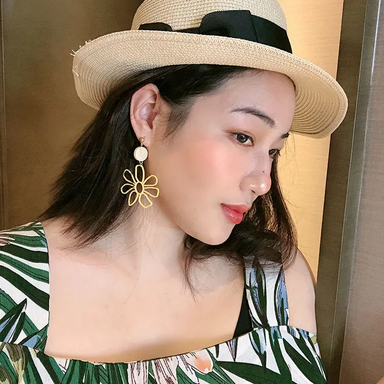 2019 корейские массивные деревянные серьги желтые цветочные большие висячие