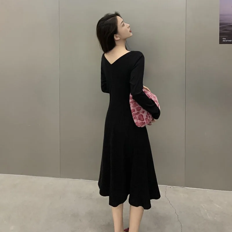 

QWEEK Spring Summer 2021 Dress Women 2021 Fashion Casual Long Sleeve Black Dress Red Elegant Plus Size Dresses for Women Clothes