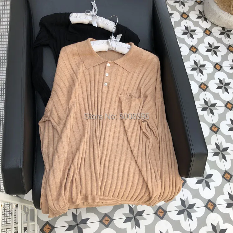 100% Wool Sweater Shirt Collar with buttons Drop shoulder Long Sleeves Chest Pocket Oversized Jumper 2020 new | Женская одежда