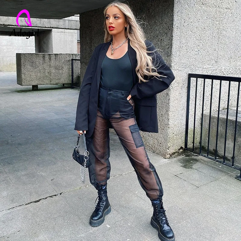 Женские прозрачные сетчатые брюки карго Harajuku черные Лоскутные Спортивные штаны