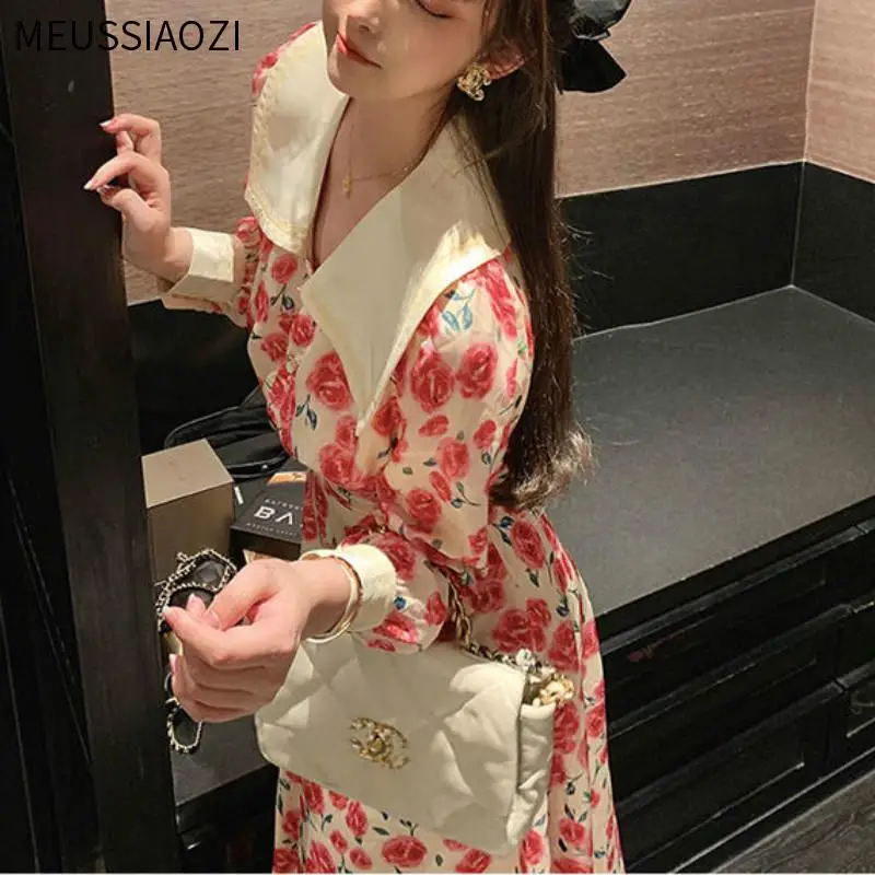 

Elegant Floral Dress Women Long Sleeve Flower Vintage Dress Female Peter Pan Collar Slim One Piece Dress Korean 2021 Spring Chic