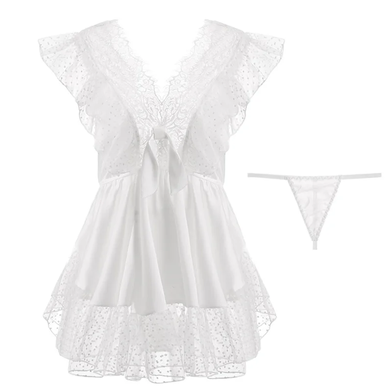 Новинка 2020 Белая Летняя тонкая кружевная прозрачная ночная рубашка с глубоким V