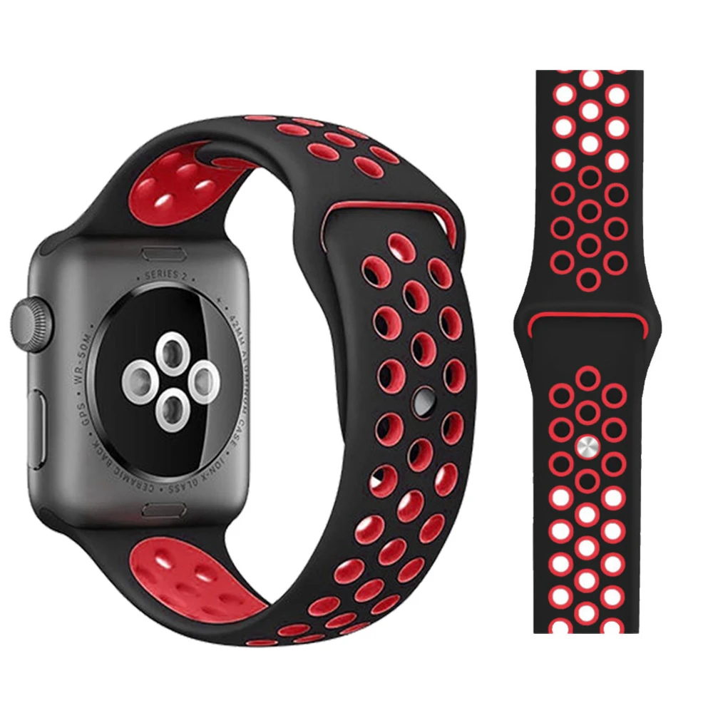 Black with red Ремешок для Apple Watch, мягкий силиконовый сменный Браслет серии 5, 4, ремешок для часов 44 мм, 40 мм, iwatch, ремешок серии 1, 2, 3, 38 мм, 42 мм - Цвет ремешка: Black with red