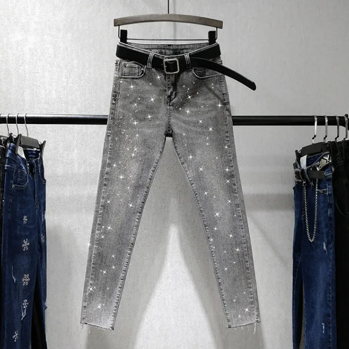

European High Waist Skinny Trousers New Autumn Womens Hot Drill Pencil Pants Nine-point Jeans Girl Lady Streetwear Grey Jeans