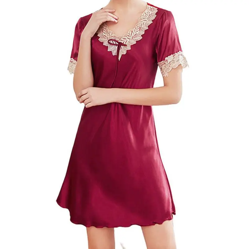 

Женская пижама, Женская атласная шелковая кружевная ледяная шелковая пижама, ночная рубашка с коротким рукавом, женское домашнее обслужива...