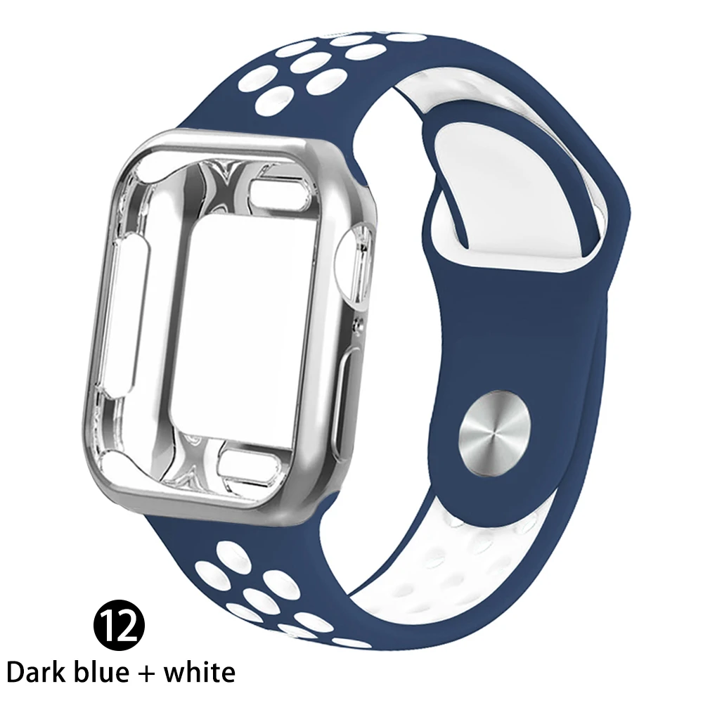 Чехол+ ремешок для apple Watch 5 ремешок 42 мм 38 мм 40 мм 44 мм спортивный силиконовый браслет для apple iwatch series 5 4 3 2 1 Аксессуары - Цвет ремешка: Dark blue    white