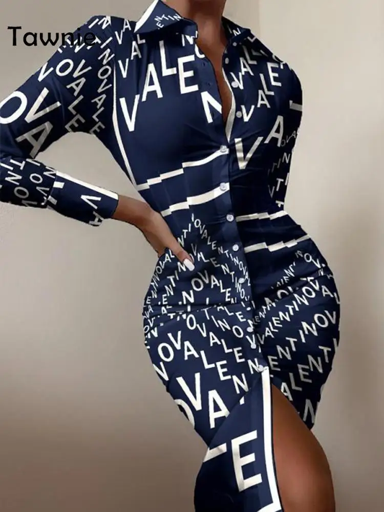 

Tawnie Sexy Letter Print Women's Dress 2021 Autumn Winter Elegant V Neck Long Sleeve Breasted Button Bodycon Midi Dresses