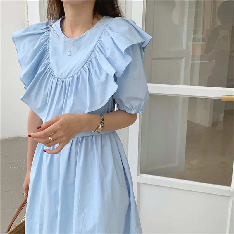 

Женское платье средней длины, Повседневное платье с круглым вырезом, коротким рукавом и оборками в Корейском стиле, лето 2021