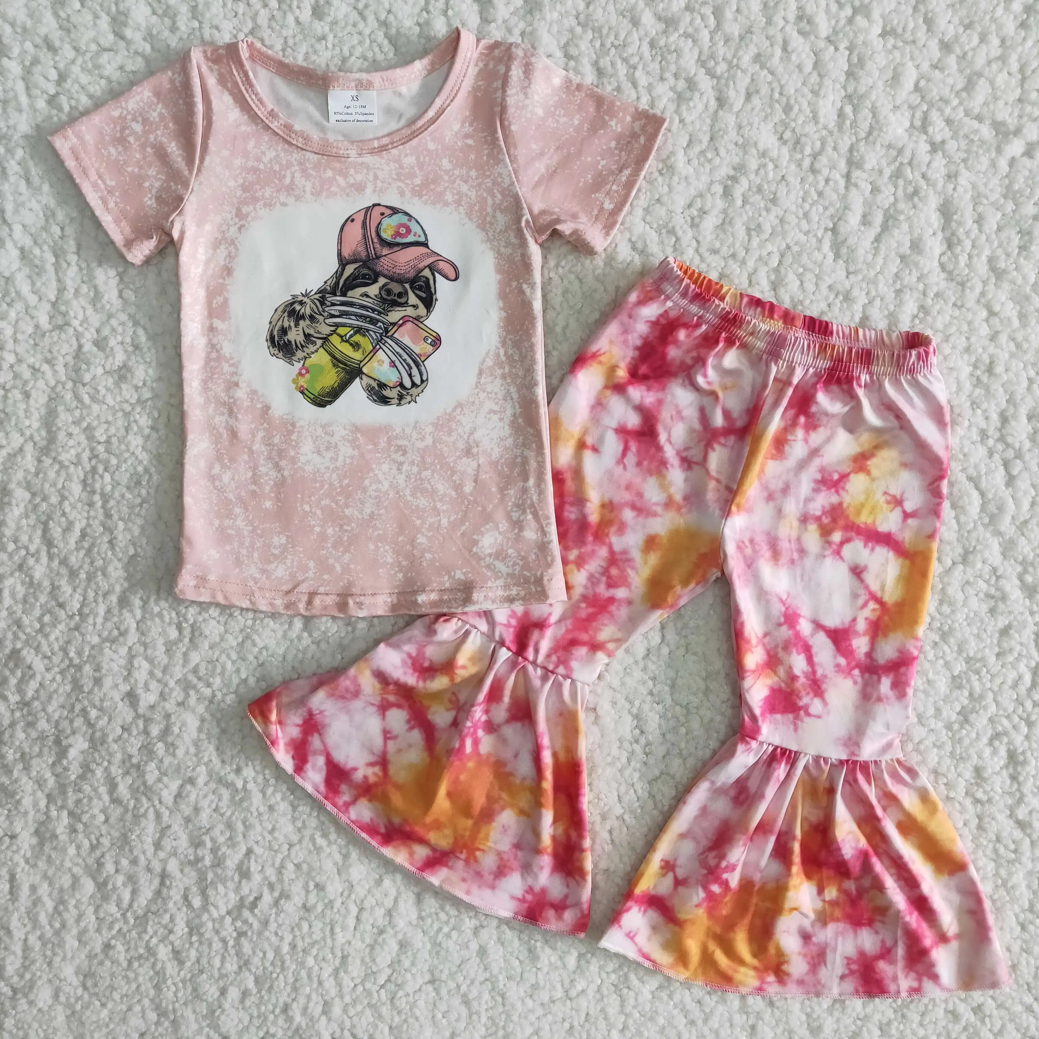 

Cute Sloth Baby Girl Pink Bleached T-Shirt Tie Dye Flared Pants Fashion Spring 2-Piece Set