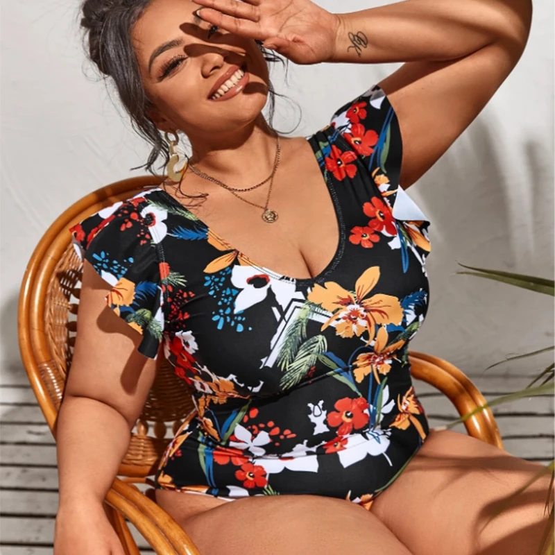 Женский слитный купальник-монокини с оборками и высокой талией |