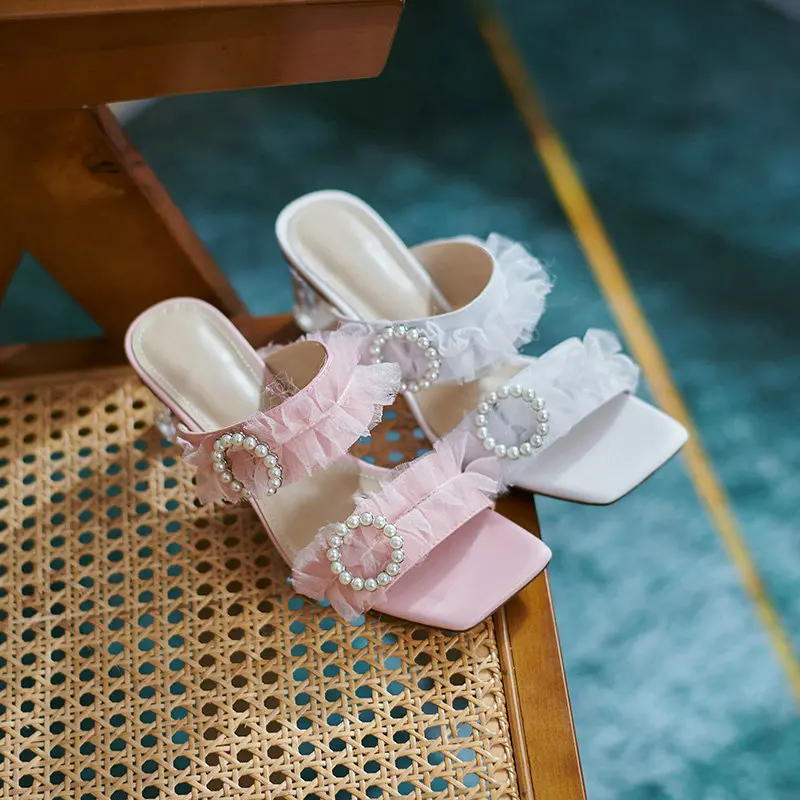 

ESVEVA 2021 New Summer PU Leather Mesh Women Slides Transparent Square High Heel Sandals String Bead Women Shoes Size 34-39