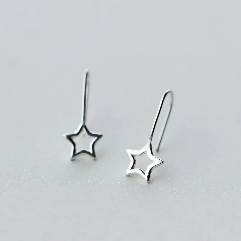 TrustDavis New Women's 100% 925 Sterling Solid Silver 10mmX24mm Hollow Star Stud Earrings Girl Lady Xmas Gift DS374 | Украшения и