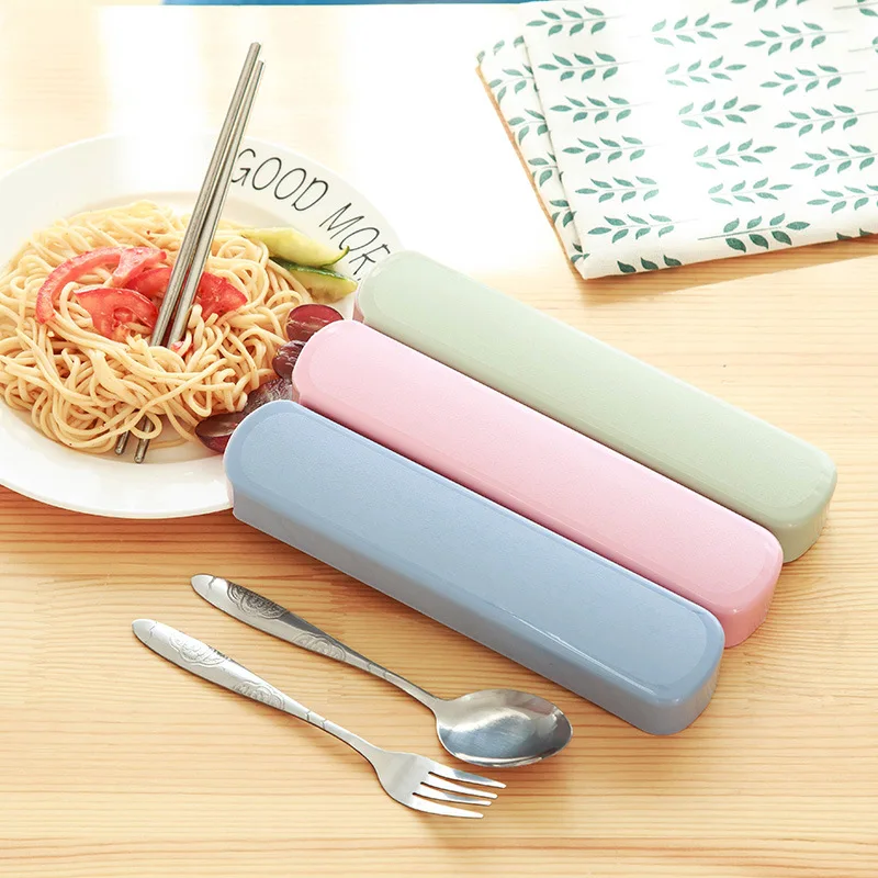 

Stainless Steel Dinnerware Set Travel Camping Cutlery Set Reusable Metal Spoon Fork Chopsticks Portable Plastic Box Tableware