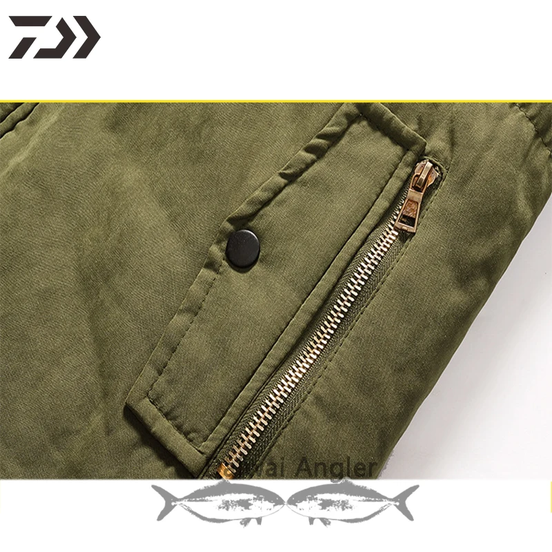 Daiwa Thick Cotton Fishing Jacket Men Windproof Thermal Hiking Fish Clothes Print Hooded Zipper Camping Outdoor Clothing
