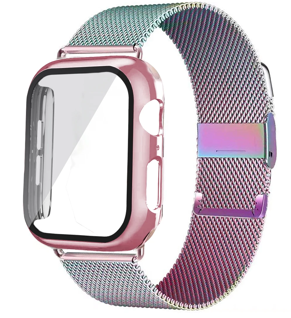 

Glass+Case+strap For Apple watch band 44mm 40mm 38mm 42mm Accessories rainbow Magnetic loop bracelet iwatch 3 4 5 se 6