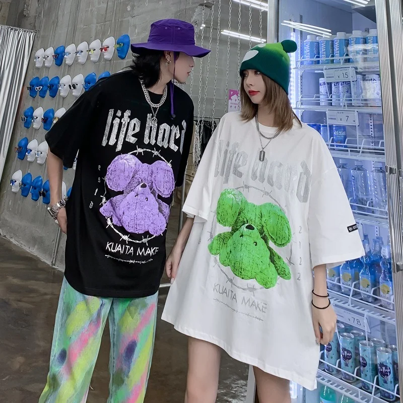 

GTDOM 2021 Summer Couple Men Clothing Cotton American Vintage Hip Hop Casual Bear Print Short Sleeve O-neck Loose T-shirts