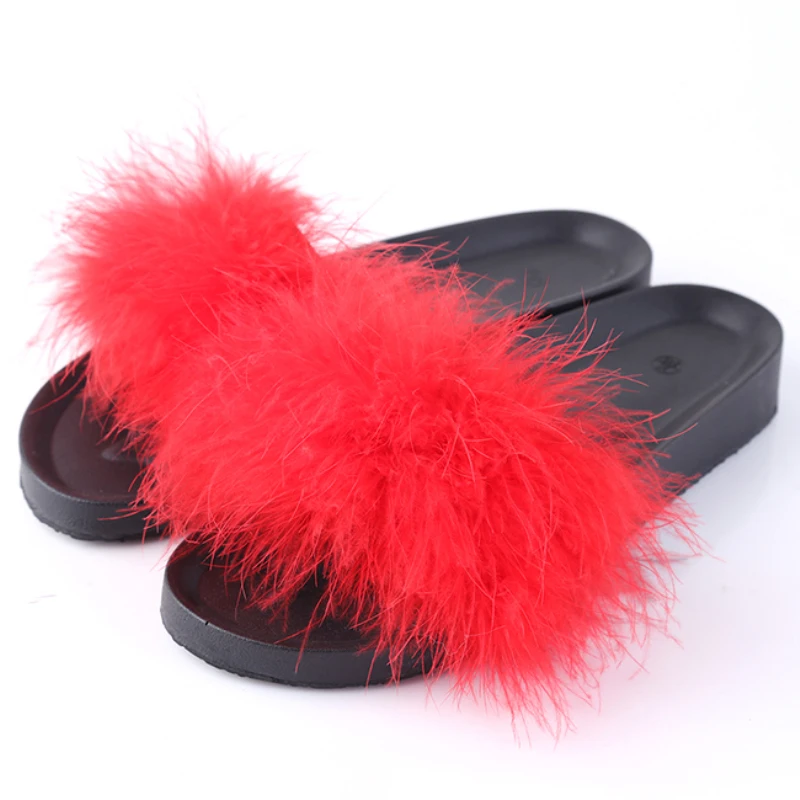 Меховой слайд Симпатичные с перьями обувь на платформе толстая подошва пляжные