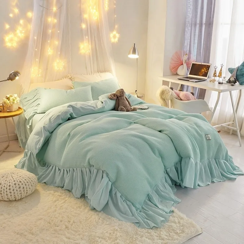 100% Cotton Soft Shabby Chic Farmhouse Bedding Pink Blue Queen King size 4pcs Ruffles Duvet Cover Set Bed Sheet Pillow Shams