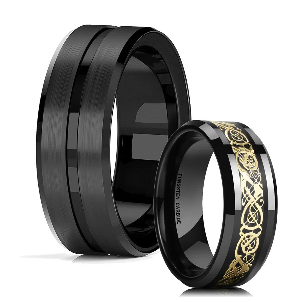 

2021 Trendy 8mm Black Groove Beveled Edge Black Tungsten Wedding Ring For Men Gold Celtic Dragon Inlay Black Carbon Fiber Ring
