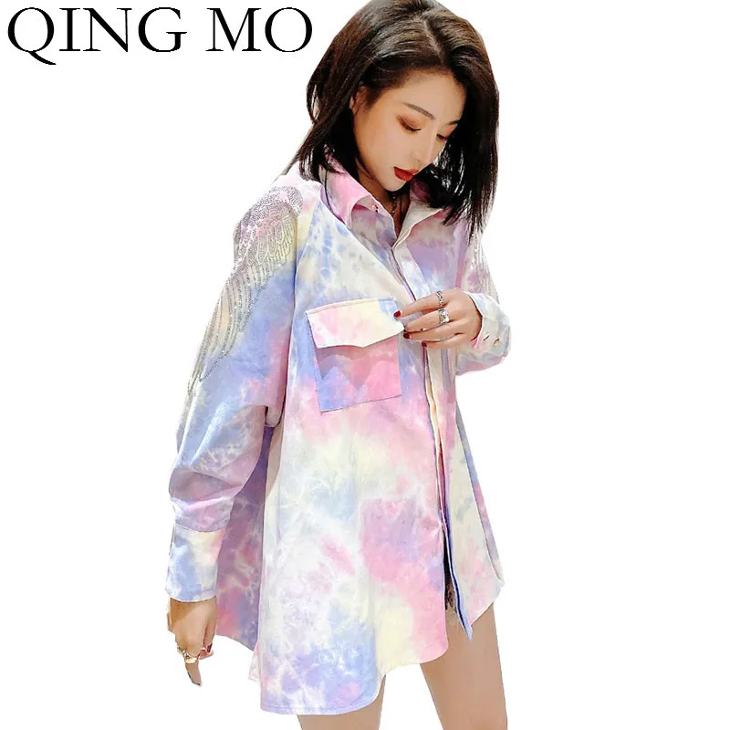 QING MO Весенняя женская блузка с галстуком краской 2020 Новая модная элегантная