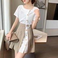 korean office women summer shirt dress stylish patchwork 2 piece dress single breasted short sleeve female mini dress japan