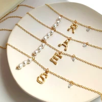fashion big gold metal bamboo 26 letter necklace for women baroque pearl bead initial alphabet pendant necklace jewelry gifts