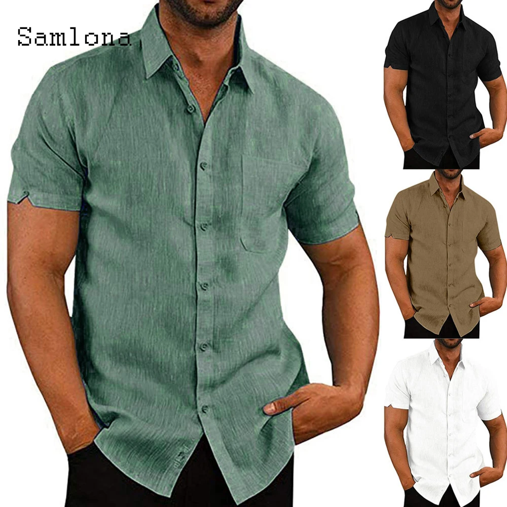 2021 Short Sleeve Mens Fashion Shirt Patchwork Linen Top Blouse Sexy Men clothing Summer Casual Shirt Homme Ropa blusas Green
