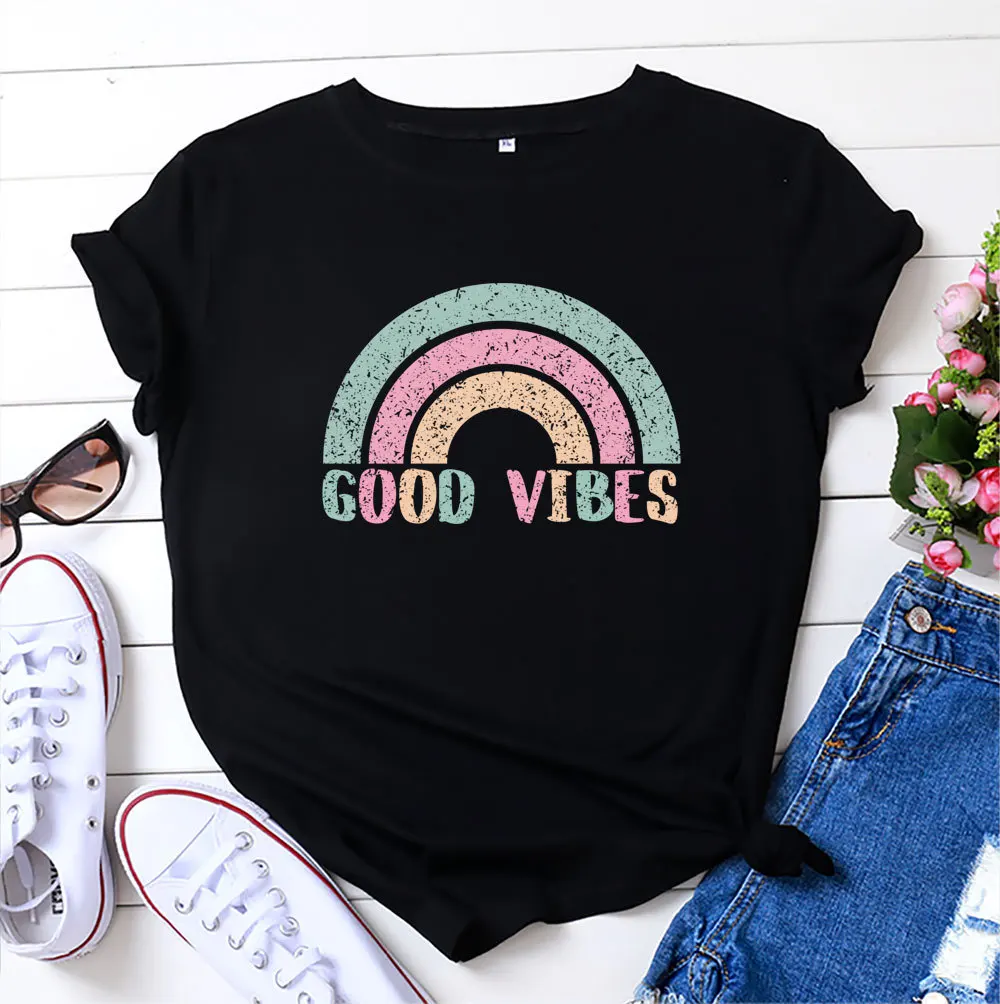 

Rainbow GOOD VIBES Print T Shirts for Women Cotton Summer Short Sleeve Graphic Tees Casual Streetwear Tshirts Tops