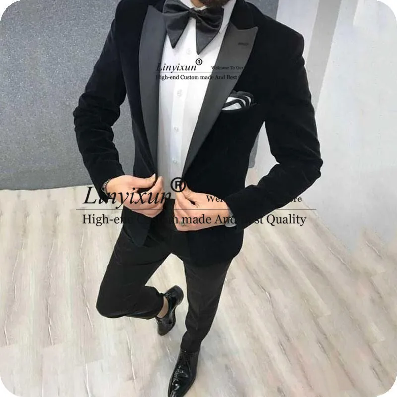 

2020 Latest Coat Pant Designs Black Velvet Men Suit Slim Fit 2 Pieces Men Wedding Suits Groom Party Tuxedos Blazer With Pants