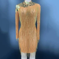 shininig gold sequined crystal tassel women dress long sleeve tight stretch short dress nightclub singer dancer stage wear