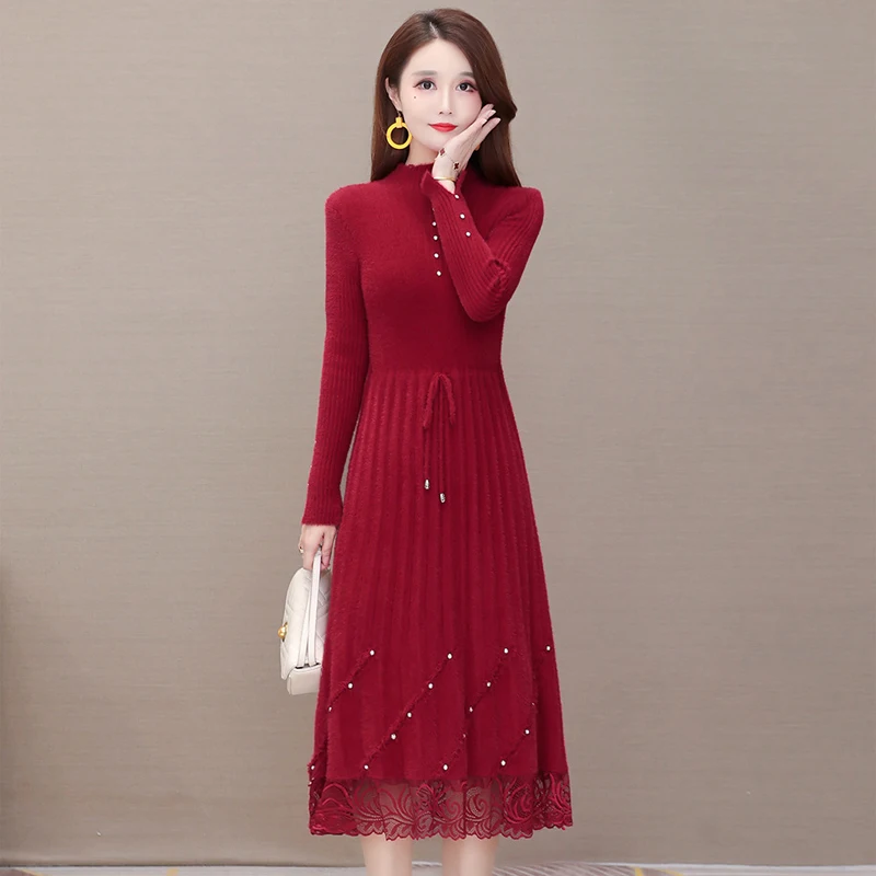 

Женское однотонное платье-свитер в офисном стиле, женское платье-пуловер с длинным рукавом и полуворотником, Элегантное трикотажное платье...