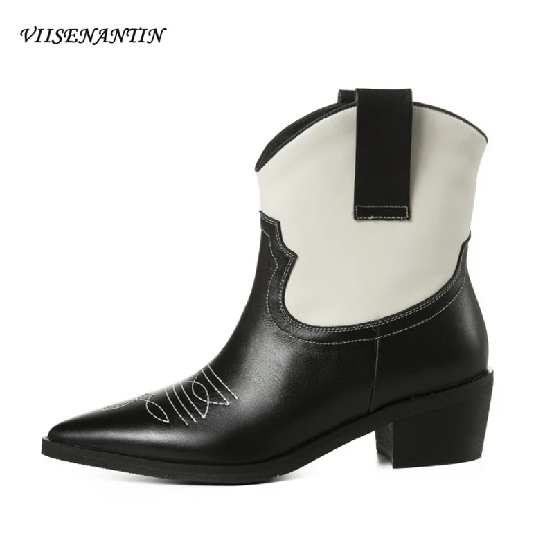 

Ботинки женские кожаные на толстом каблуке, заостренные короткие сапоги, в стиле ретро, модная длинная обувь, разные цвета