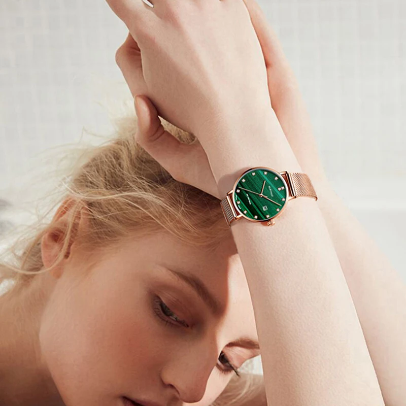 

New Fashion Design Simple Dress Watch for Women Small Green Dial Ultra-thin Quartz Ladies Girls Temperament Watch Women