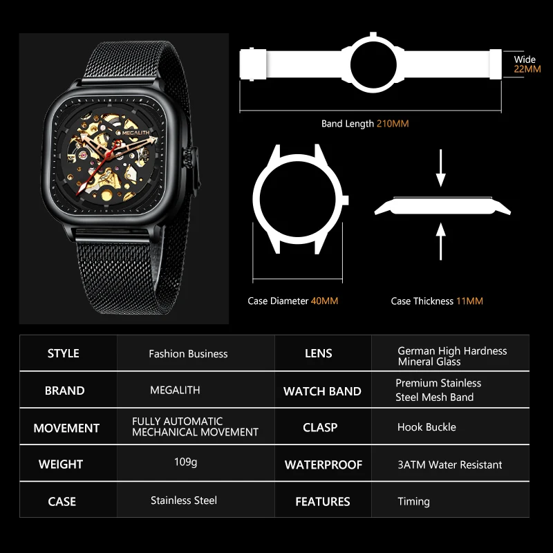 Men Mechanical Watch MEGALITH Fashion Sport Luxury Waterproof Black Stainless Steel Mesh Watches Relogio Masculino | Наручные часы