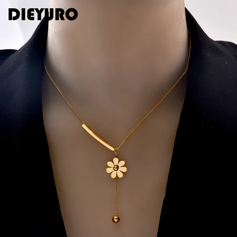 

DIEYURO 316L Stainless Steel 2021 Hot Sale Beautiful Flower Hanging Chain Long Style Exquisite Clavicle Chain Necklace For Women