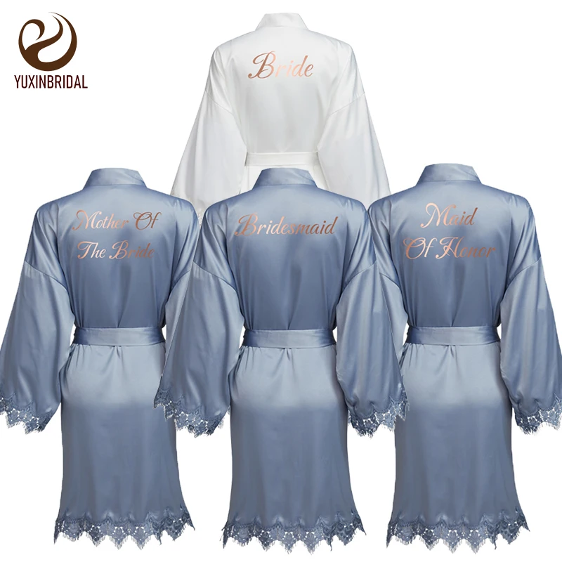 YUXINBRIDAL Новый матовый сатиновый КРУЖЕВНОЙ ХАЛАТ пыльно синего цвета с обшивкой