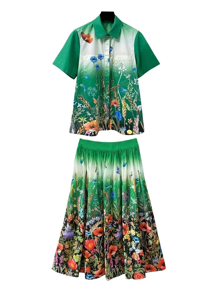 

Big-name summer women's cotton floral print fashion loose top shirt + pleated skirt suit 2020New high waist two-piece suit XL
