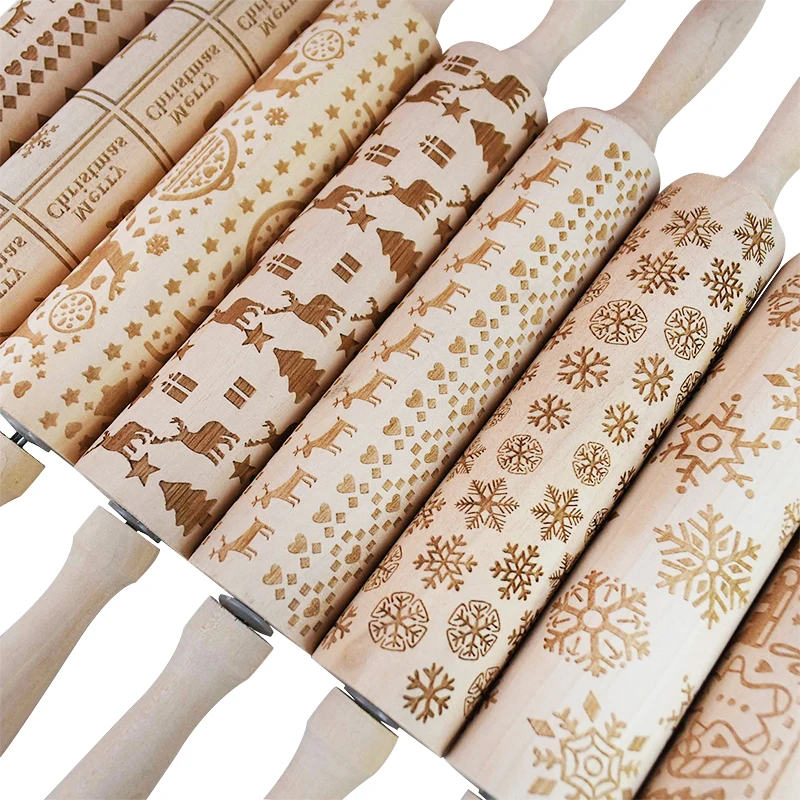 

Christmas Embossing Rolling Pin Wooden Elk Snowflake Printing Rolling Pins Kitchen Baking Cookies Noodle Cake Dough Pastry Tools