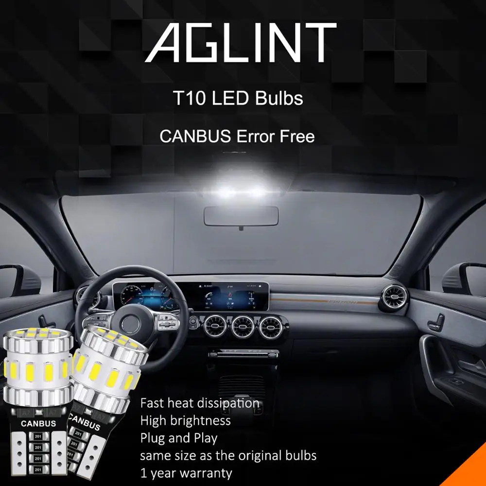 

AGLINT 4PCS T10 LED Bulbs CANBUS Error Free W5W 194 168 2825 Wedge 18SMD for Car Interior Side Dome Number Plate Lights White