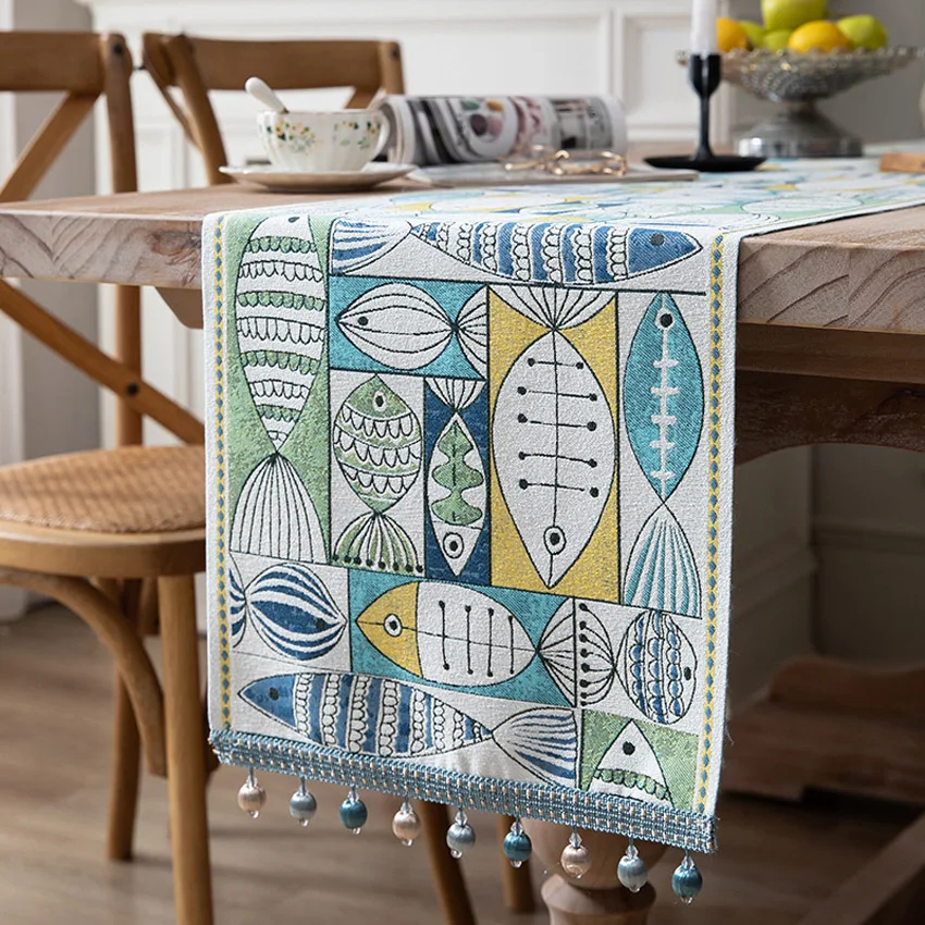 

Small Fish Pattern Table Runner European with Beads Tassels Dining Coffee Table Mat Home Restaurant Decoration Camino De Mesa