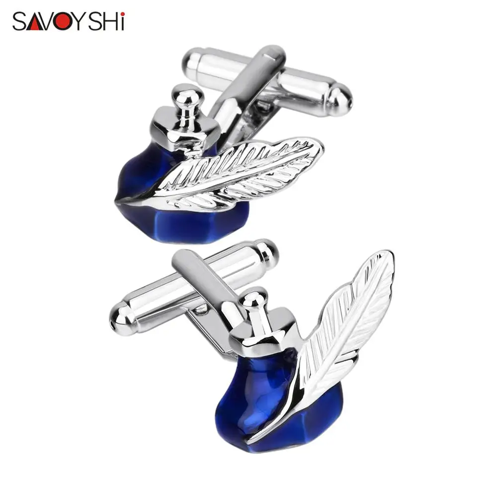 

SAVOYSHI Retro Europe Blue Ink tank Cufflinks for Mens Business Shirts Gift High quality Feather Cuff links Free engraving Name