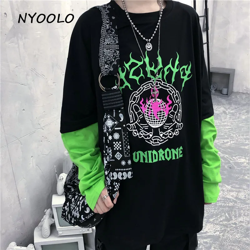 NYOOLO Harajuku флуоресцентный зеленый принт с буквами Поддельные 2 шт. Лоскутная футболка Осенняя уличная футболка с длинными рукавами для женщин и мужчин Топ