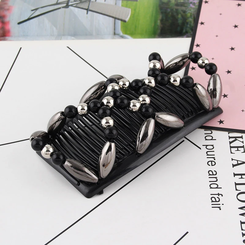 

Beads Magic Combs Elastic Elastic Double Hair Clips Styling Black Accessory 2021 New Fashion