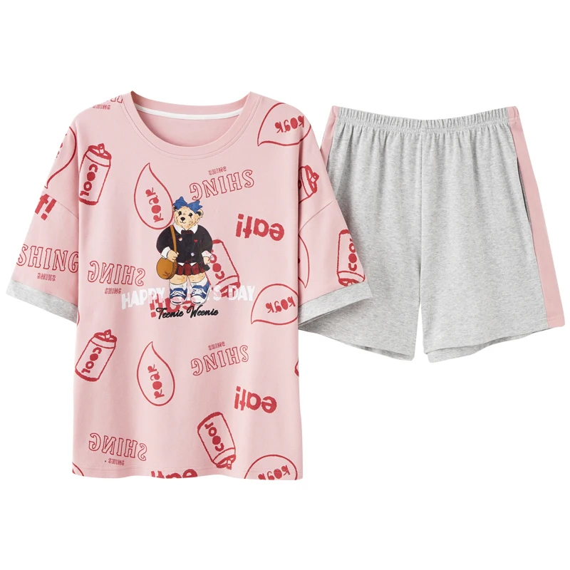

Little Bear Cartoon Summer Cute Sleepwear Casual Comfort Summer Women Pajamas Set Cotton Short Sleeve Shorts Plus Size Homewear