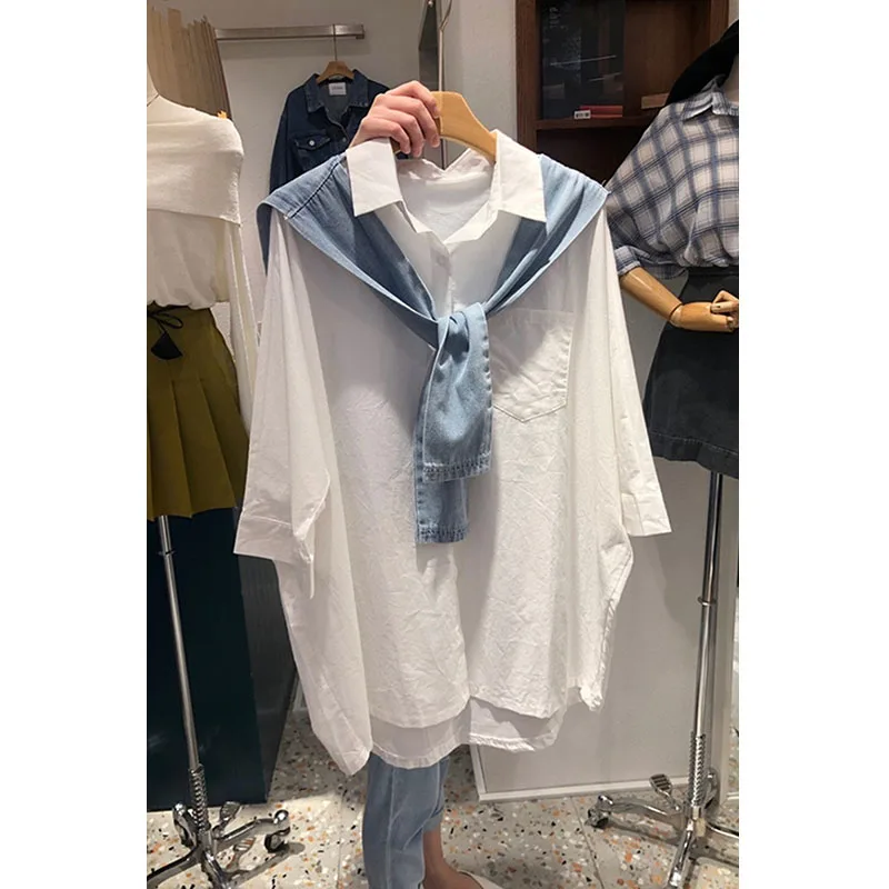 

Han Guodong door spring new joker contracted lapel shirt female 7 minutes of sleeve blouse cape show thin