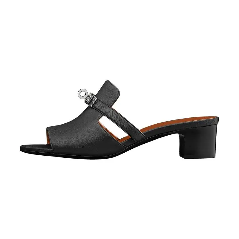 

Lock Decor Mid Heels Genuine Leather Fashion Casual For Women Ladies High Heels Metal Decoration Summer Shoes Sandals Size 35-44